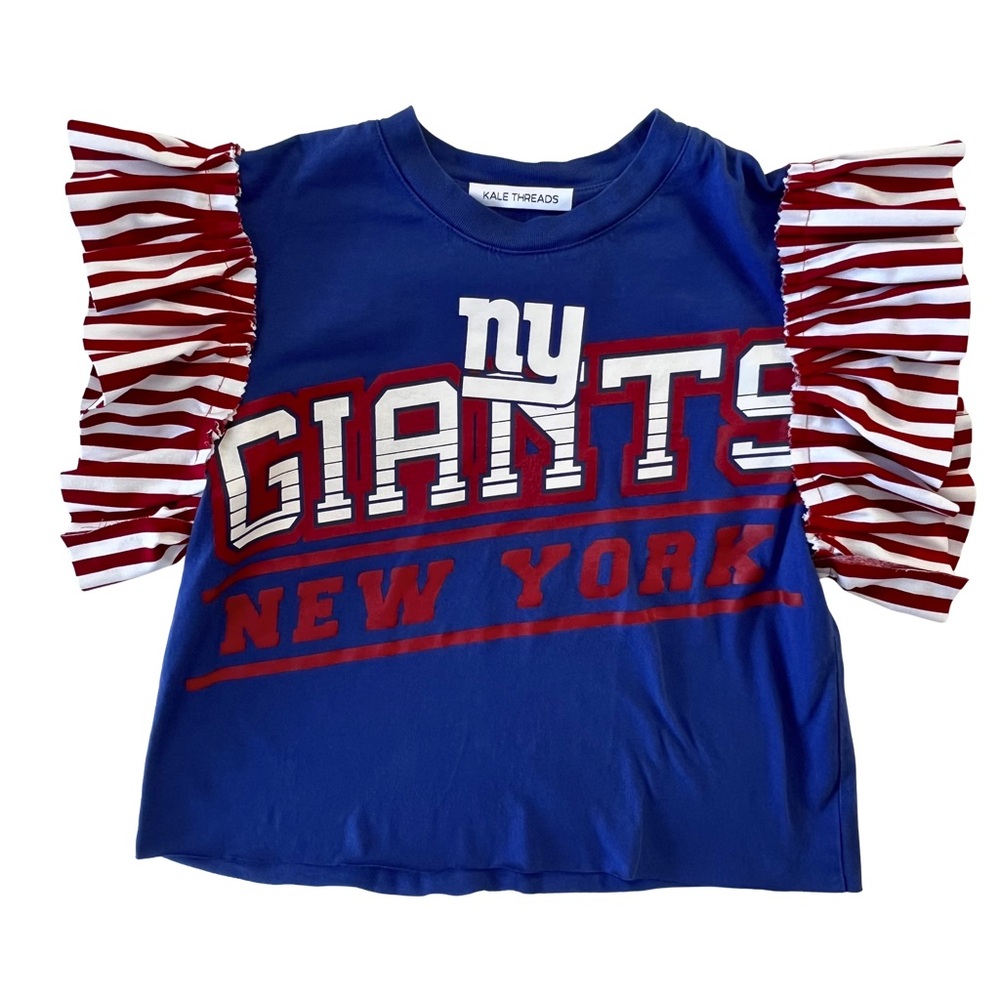 Vintage Upcycled Blue and Red NY Giants T-Shirt with Ruffle Sleeves - Picture 6 of 11
